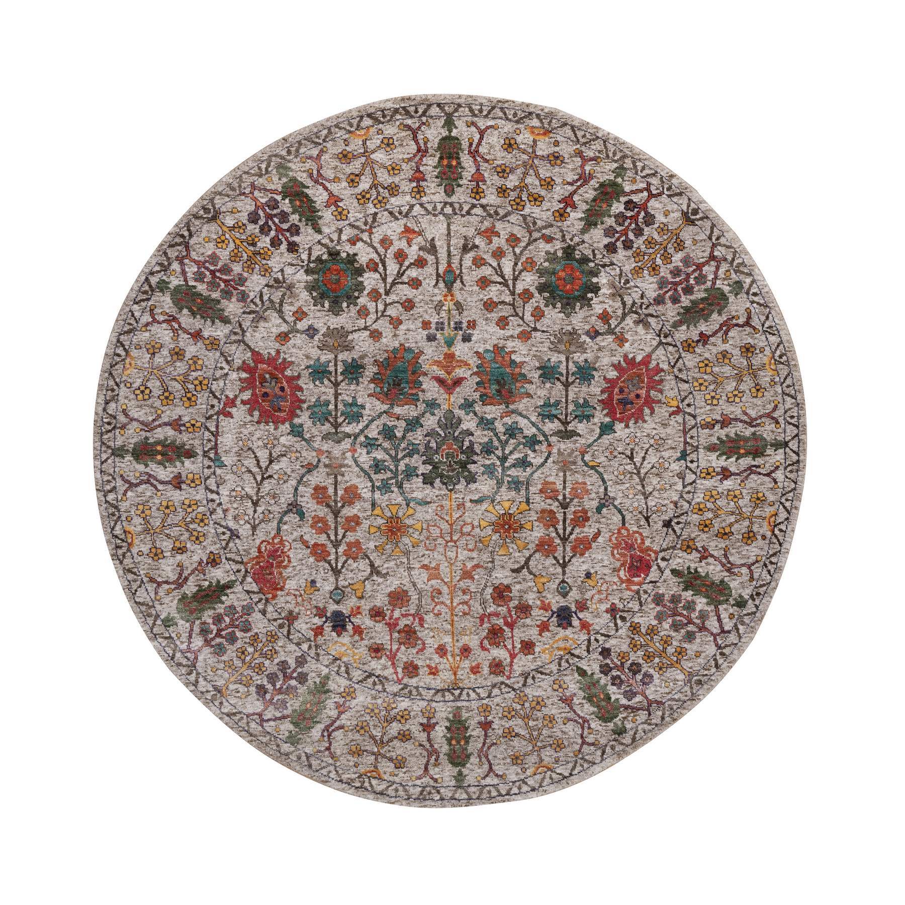 6'x6' Swan White with Brown, Directional Vase Design, Hand Knotted, Silk with Textured Wool, Round, Oriental Rug 